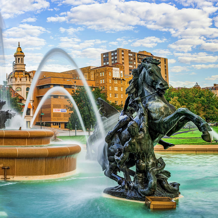 Kansas City Photograph - Horse Statue of JC Nichols Memorial Fountain - Square Format by Gregory Ballos