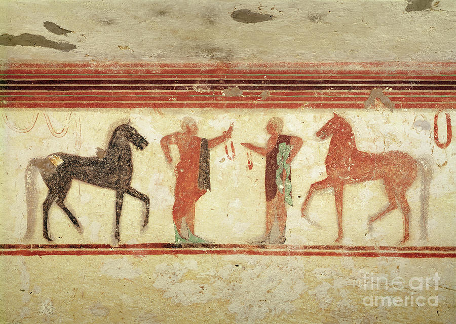 Horse Painting - Horses And Horsemen Holding The Reins, From The Tomb Of The Baron, C.500 Bc by Etruscan