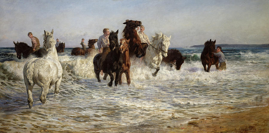 Horse Painting - Horses bathing in the sea by Lucy Kemp-Welch