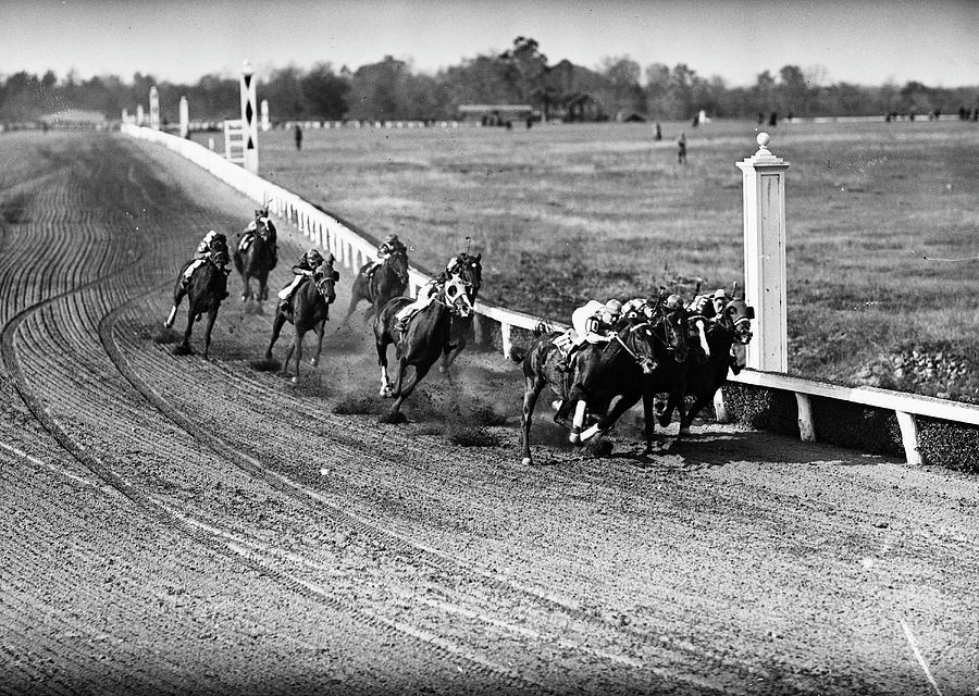 Horses Go Into A Curve At Belmont Race Photograph by Bert Morgan