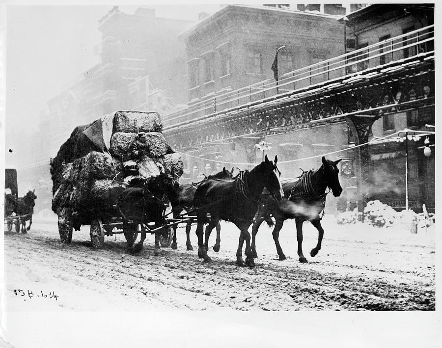 Horses Hauling Hay Cart On Snowy Street Photograph by Edwin Levick