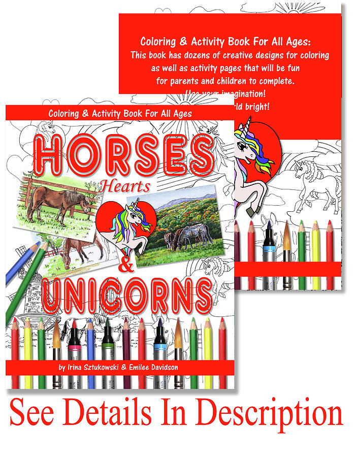 Horses Hearts And Unicorns Activity Coloring Book  Mixed Media by Irina Sztukowski