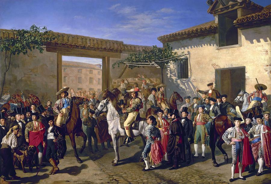 Horses in a Courtyard by the Bullring before the Bullfight, Madrid, 1853. Painting by Manuel Castellano -1826-1880-