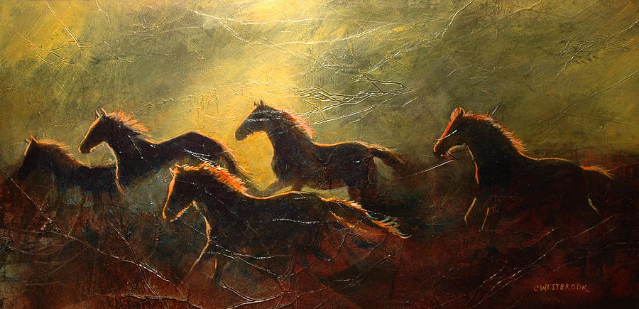 Horses in the Last Golden Rays of Evening Painting by Cynthia Westbrook