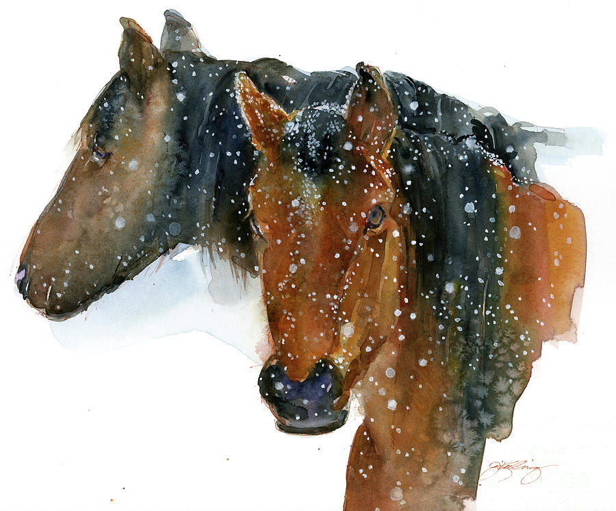 Horses In Winter, 2015 Watercolor Painting by John Keeling