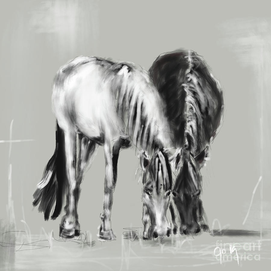 Horses together black and white pair by Go Van Kampen Horses together black and white pair by Go Van Kampen