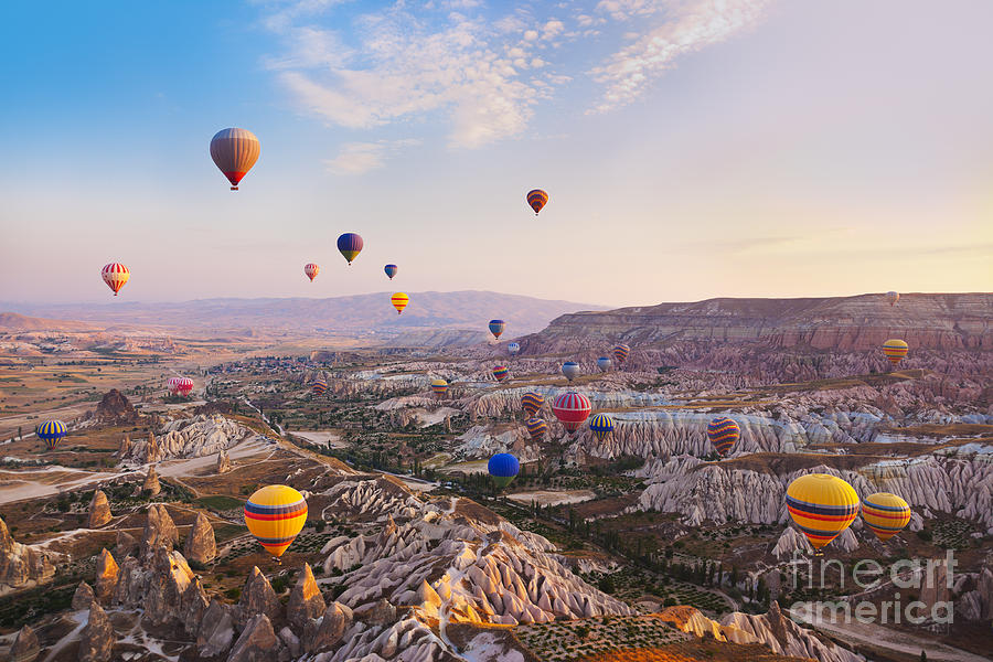 Basket Photograph - Hot Air Balloon Flying Over Rock by Tatiana Popova