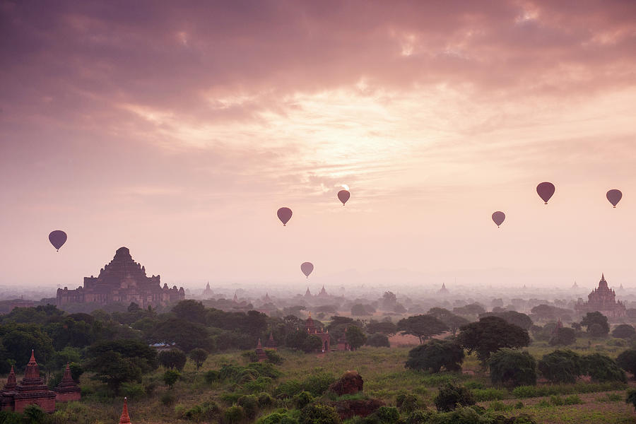Architecture Digital Art - Hot Air Balloons Over Ruins, Myanmar by Jordan Banks