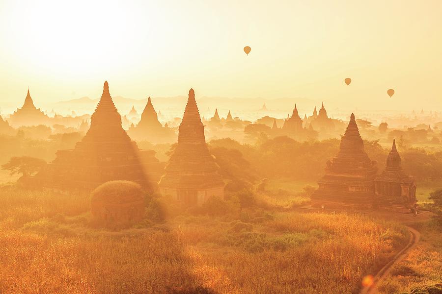 Hot Air Balloons Over Temples, Myanmar Digital Art by Stefano Brozzi
