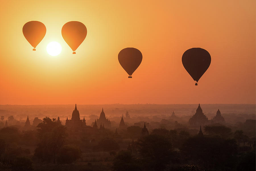 Hot Aire Balloons Over Temples, Myanmar Digital Art by Lorenz Berna