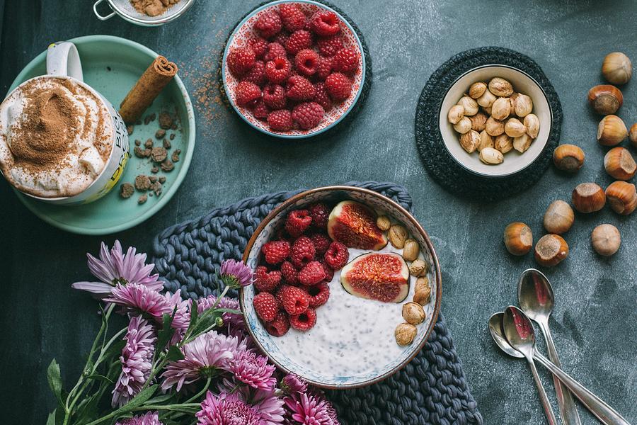 Hot Chocolate And Muesli With Raspberries, Figs And Nuts Photograph by Kate Prihodko