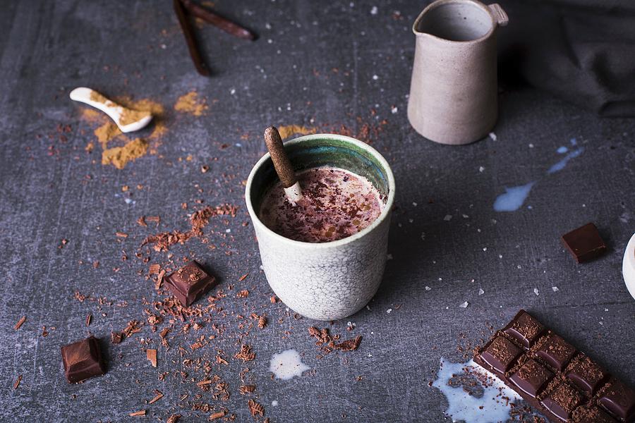 Hot Chocolate With Block Of Chocolate, Milk Cinnamon, Vanilla And Sea Salt Photograph by Rose Hewartson
