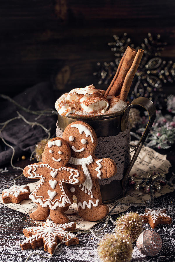 Hot Chocolate With Whipped Cream And Cinnamon Stick And Homemade Gingerbread Biscuits Photograph by Elena Schweitzer