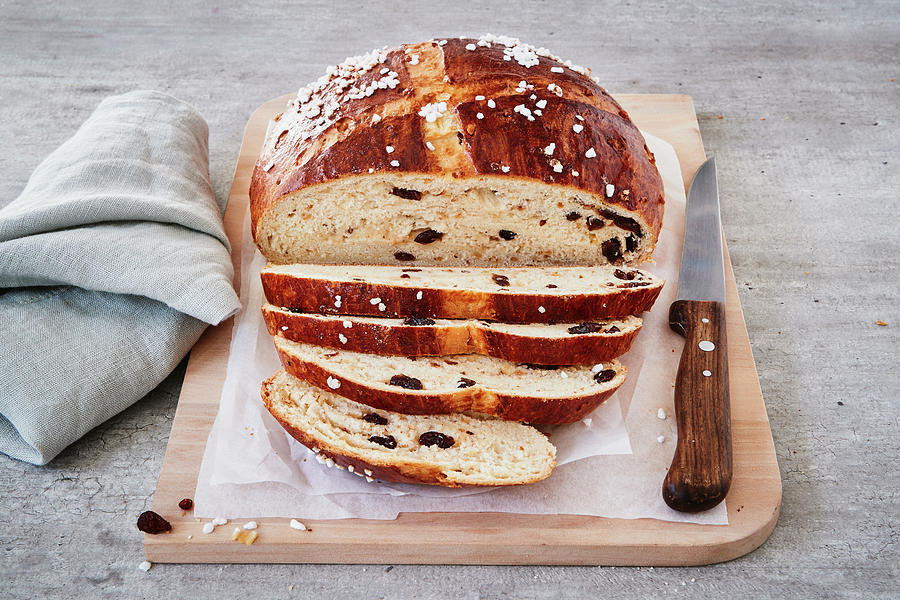 Hot Cross Bun Loaf With Raisins And Sugar Nibs, Sliced Photograph by Brigitte Sporrer