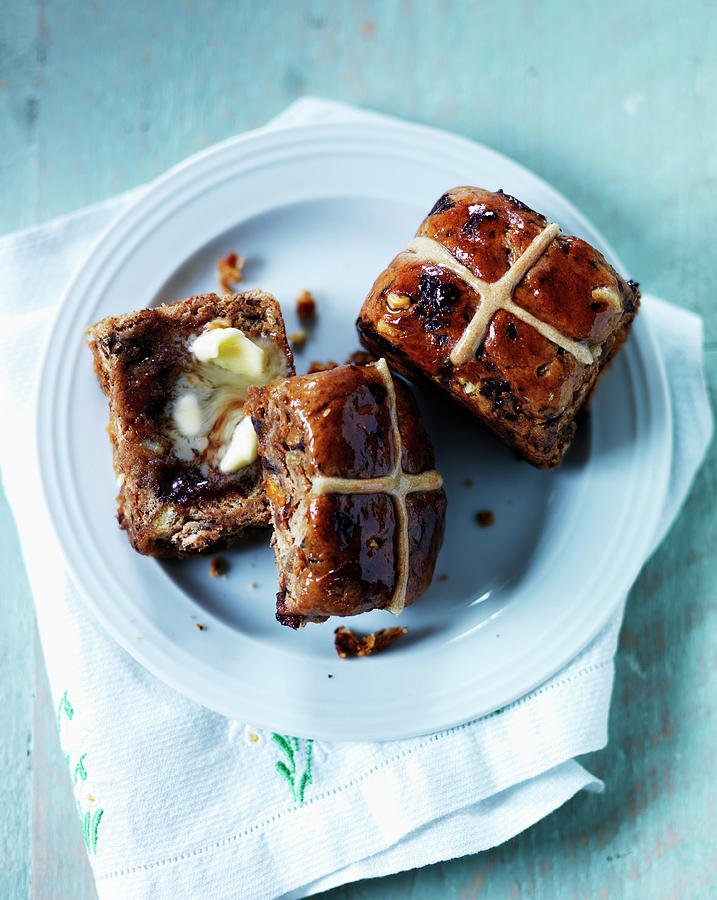 Hot Cross Buns With Icing, Chocolate, And Raisins Photograph by Karen Thomas