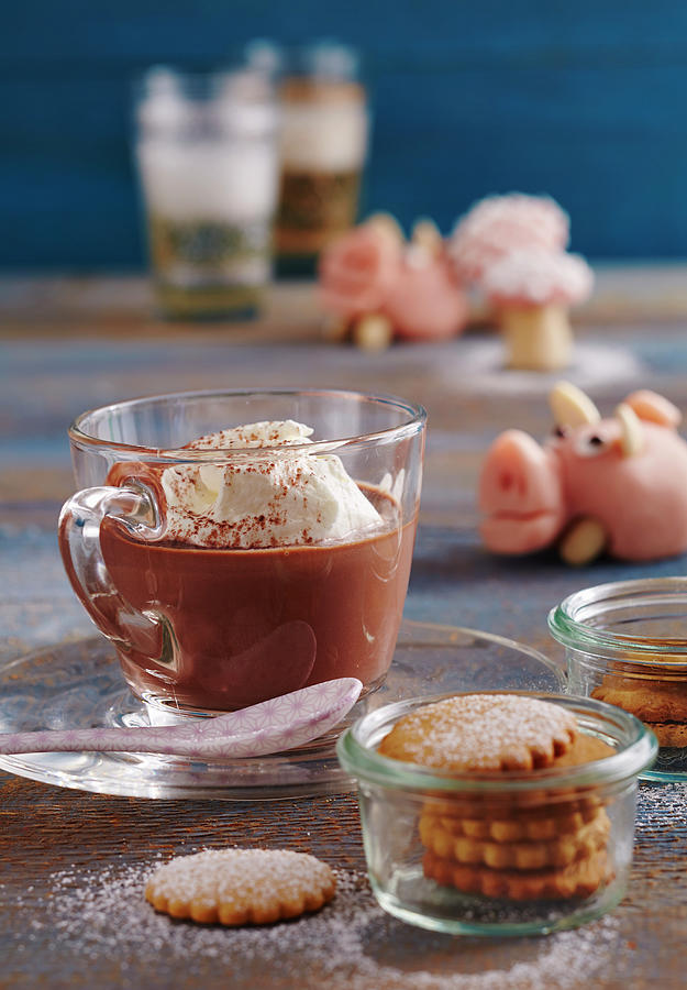 Hot Russian Chocolate With Vodka And Cream, Honey Biscuits In A Jar, And A Marzipan Pig Photograph by Teubner Foodfoto