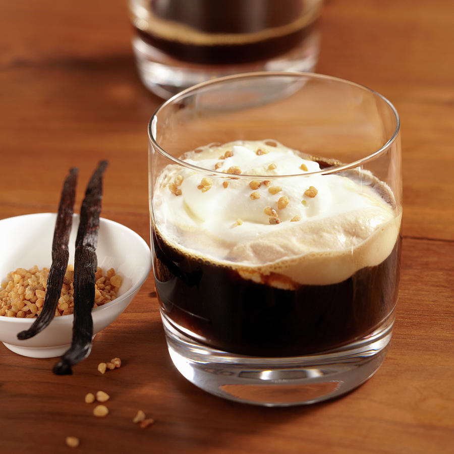 Hot Scottish Coffee With Whiskey, Cream, Sugar, Brittle And Vanilla Photograph by Teubner Foodfoto