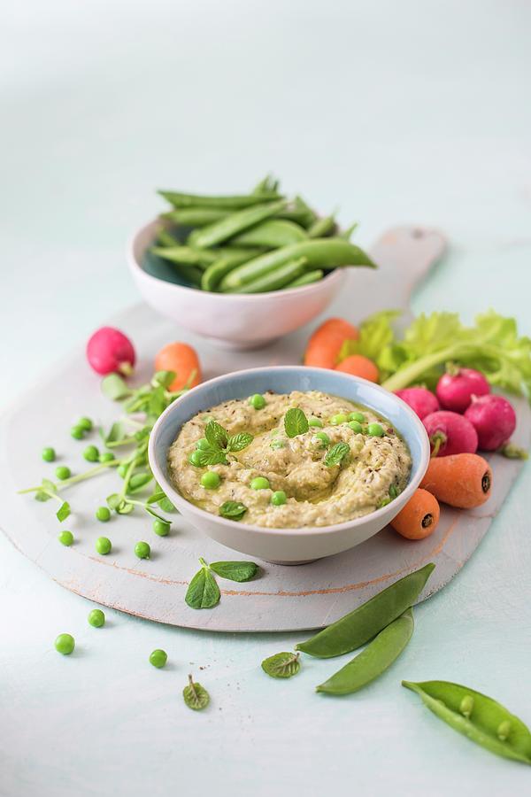 Houmous Made Of Chickpeas, Peas With Mint And Tahini, Fresh Vrgetables Foe Dipping On A Side Photograph by Magdalena Hendey