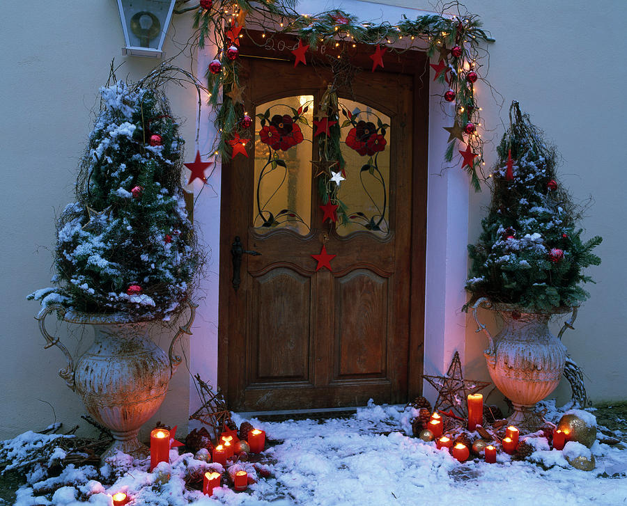 House Entrance Christmassy Decorated With Amphorae, Branches Photograph by Friedrich Strauss