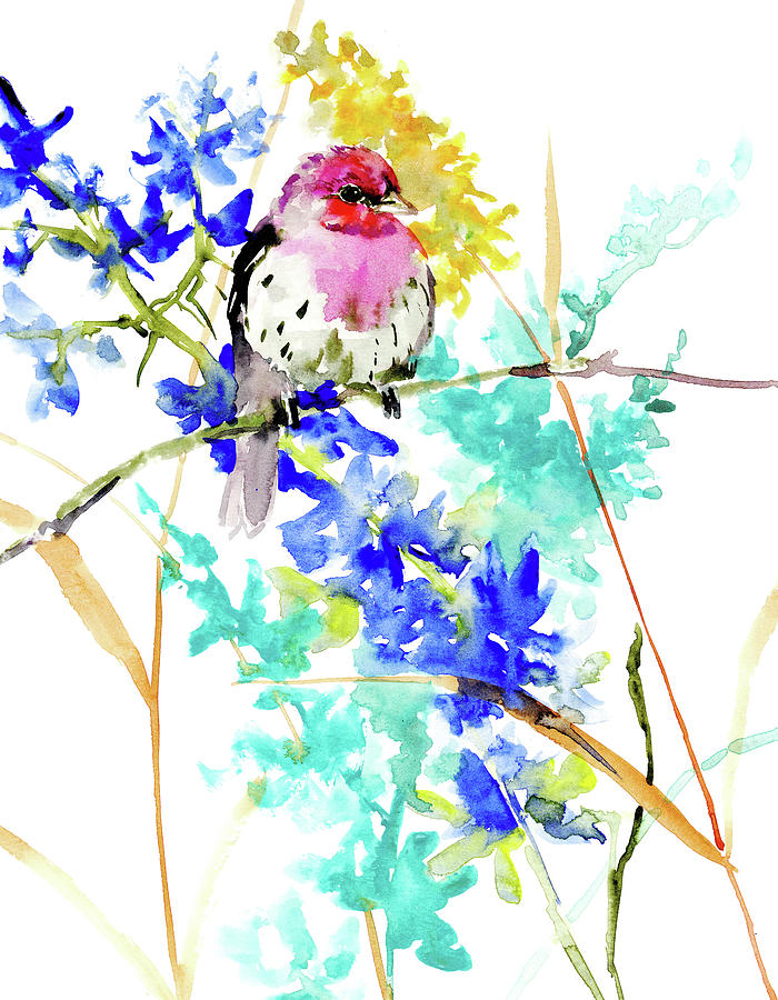 Finch Painting - House Finch and Wild Flowers by Suren Nersisyan