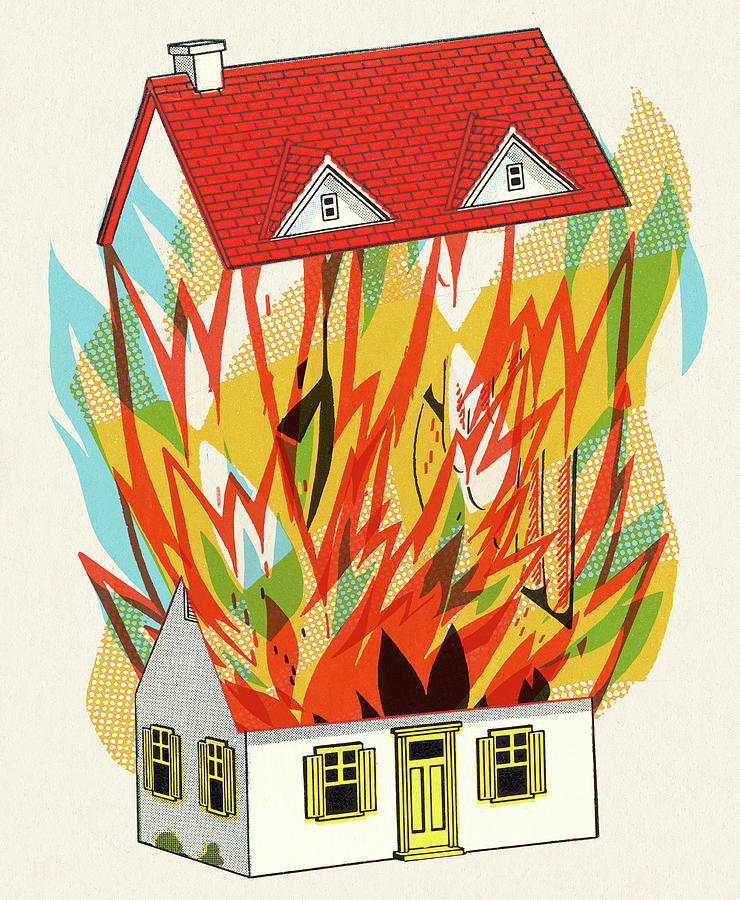 House Fire with Roof Explosion Drawing by CSA Images