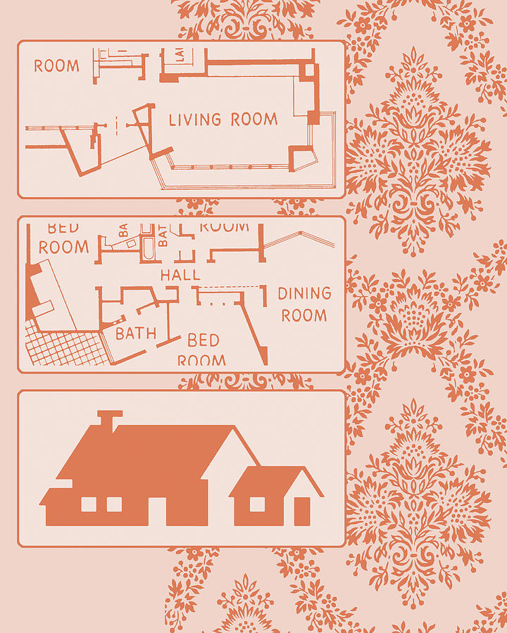 Vintage Drawing - House Floor Plan on a Pink Background by CSA Images