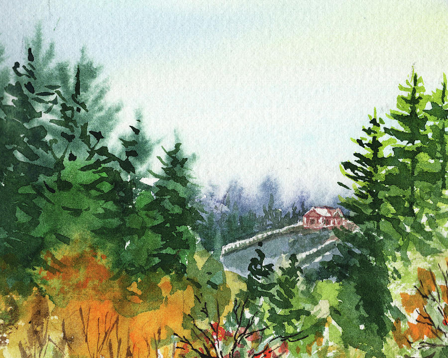 House In The Hills Fall Landscape  Painting by Irina Sztukowski