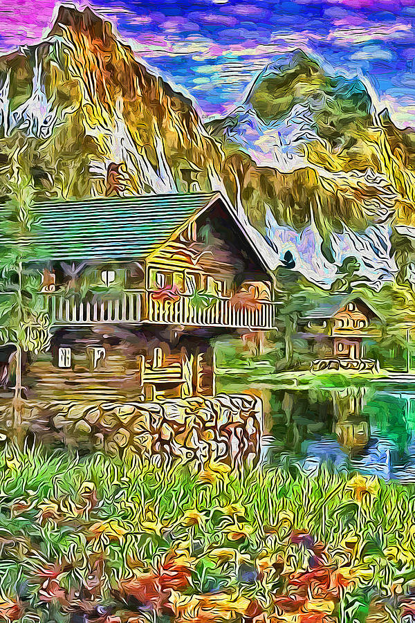 House On Mountain Lake Painting