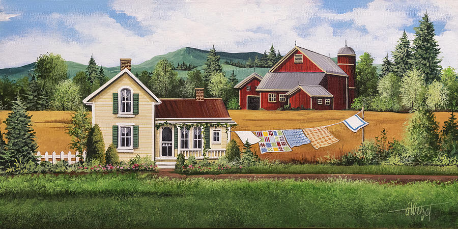 Farm Painting - House-quilt-red Barn by Debbi Wetzel