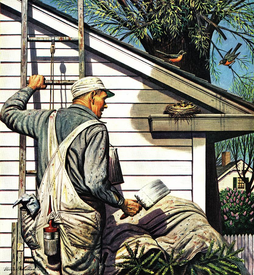 Vintage Drawing - Housepainter And Birds Nest by Stevan Dohanos