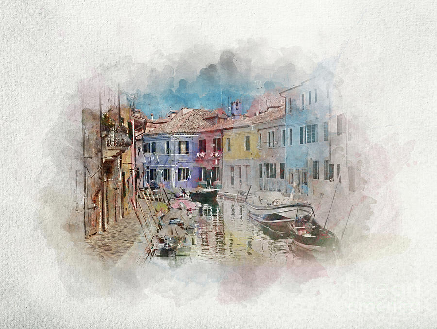 Houses and canal on Burano island in watercolors. Photograph by Michal Bednarek