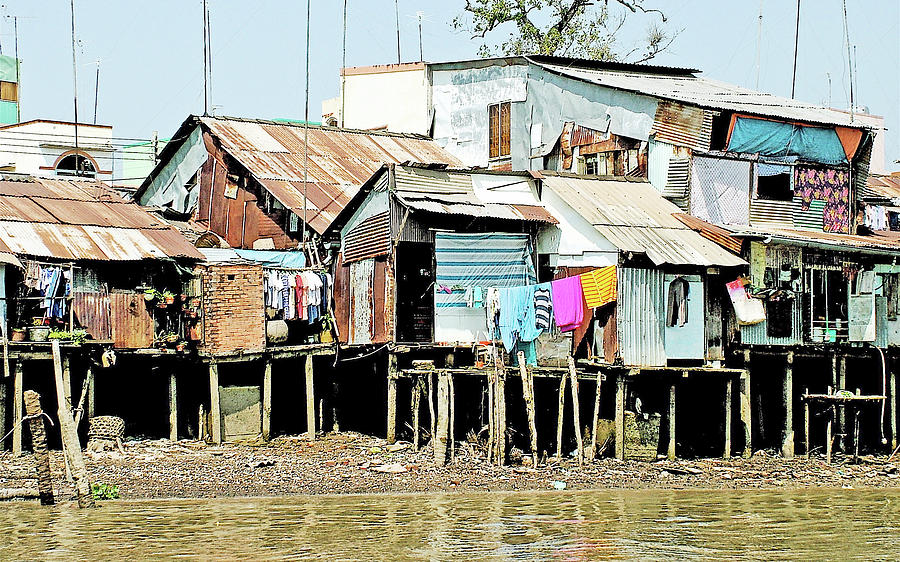 Houses Built on Stilts by Shoreline of Mekong River, Vietnam Photograph ...