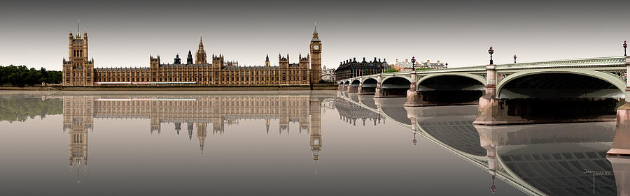 Houses of Parliament Westminster Bridge Reflections London Sepia Digital Art by Joe Tamassy