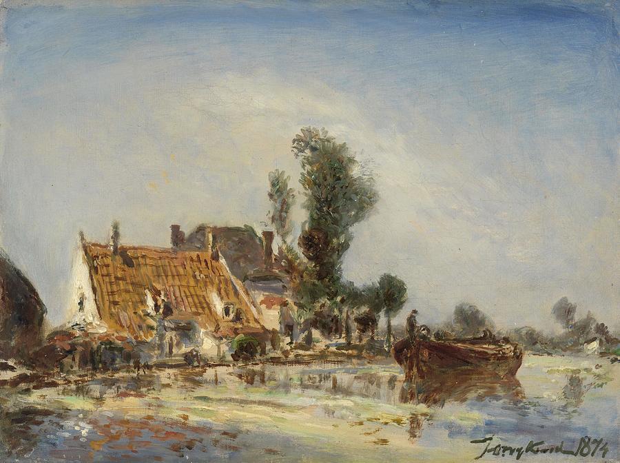 Houses on a Waterway near Crooswijk. Painting by Johan Barthold Jongkind -1819-1891-