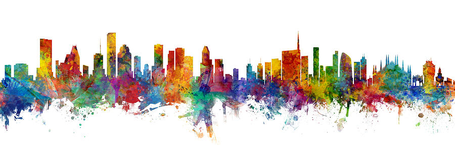 Houston and Milan Skyline Mashup Digital Art by Michael Tompsett