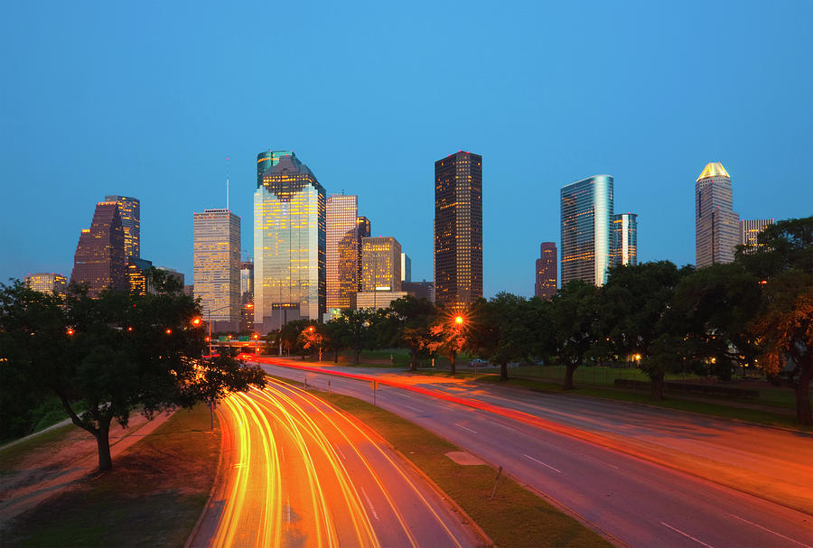 Houston Skyline And Light Trails At Dusk Photograph by Davel5957