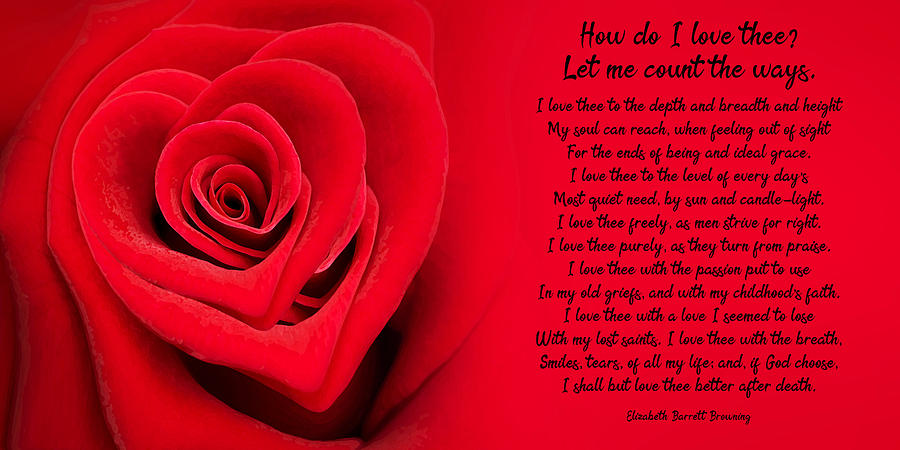 How Do I Love Thee Poem - Red Heart Rose Digital Art