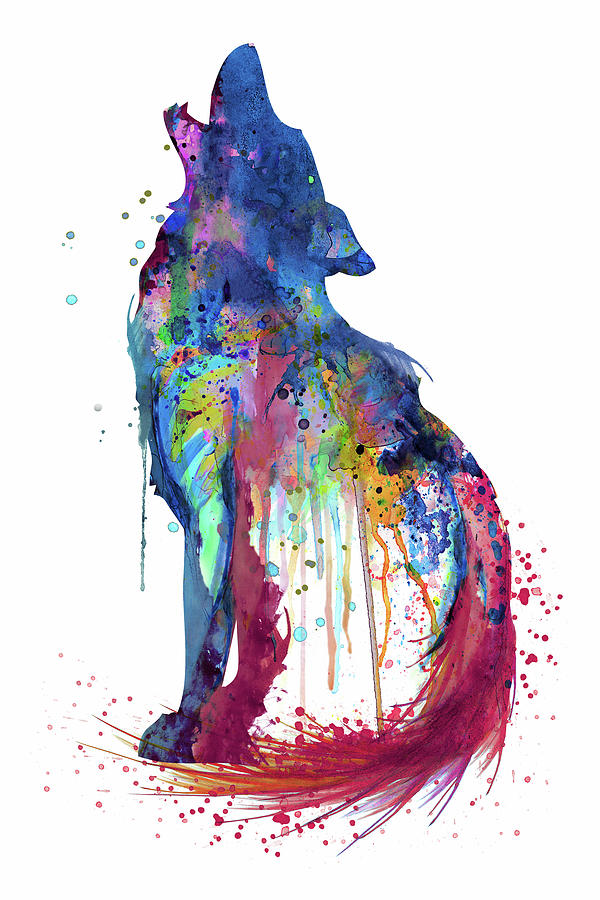 Howling Wolf Watercolor Silhouette Painting by Marian Voicu