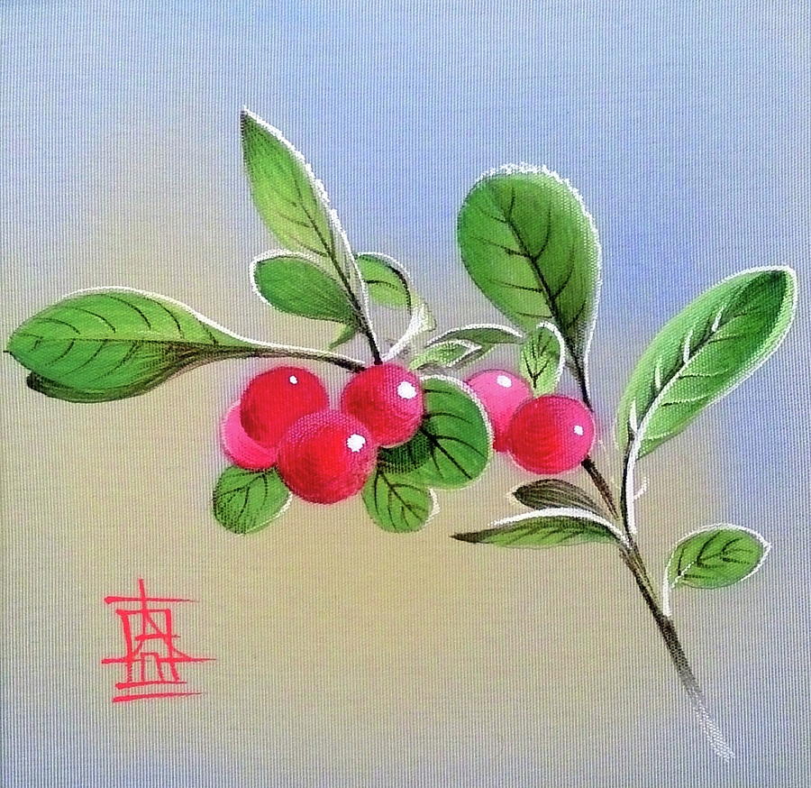 Huckleberry Branch with Red Berries Painting by Alina Oseeva