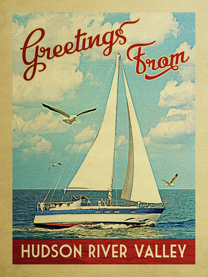 Hudson River Valley Sailboat Vintage Travel Digital Art by Flo Karp