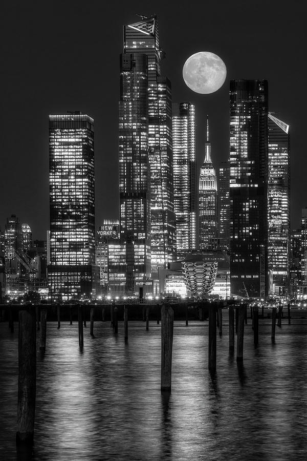 Hudson Yards NYC And Full Moon BW Photograph by Susan Candelario