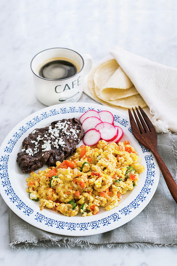 Huevos A La Mexicana - Mexican Scrambled Eggs With Tomatoes, Onions And Green Chilli Peppers Served With Fried Beans, Tortillas And Coffee tipical Mexican Breakfast Photograph by Maricruz Avalos Flores