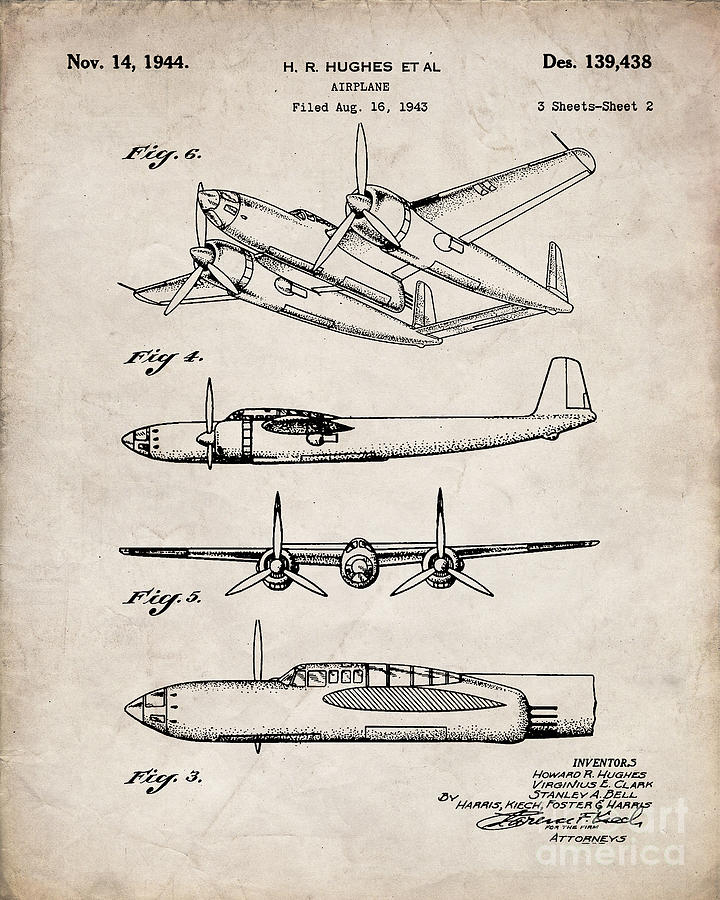 Hughes Lockheed Airplane Patent, Hughes Aviation Art - Antique Vintage ...