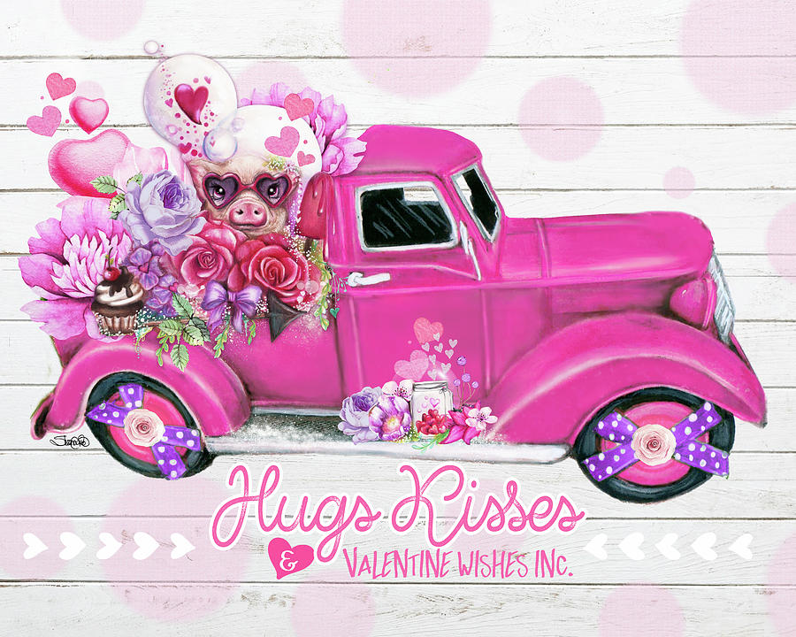 Holiday Mixed Media - Hugs Kisses Valentine Wishes Inc. Truck by Sheena Pike Art And Illustration