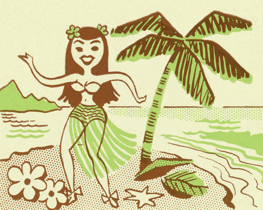 Vintage Drawing - Hula Girl Next to Palm Tree by CSA Images