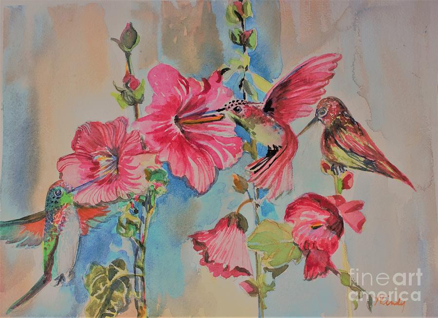 Humming in the Holly Hocks Painting by Mindy Newman