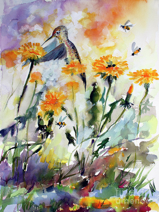 Hummingbird and Dandelions Painting by Ginette Callaway
