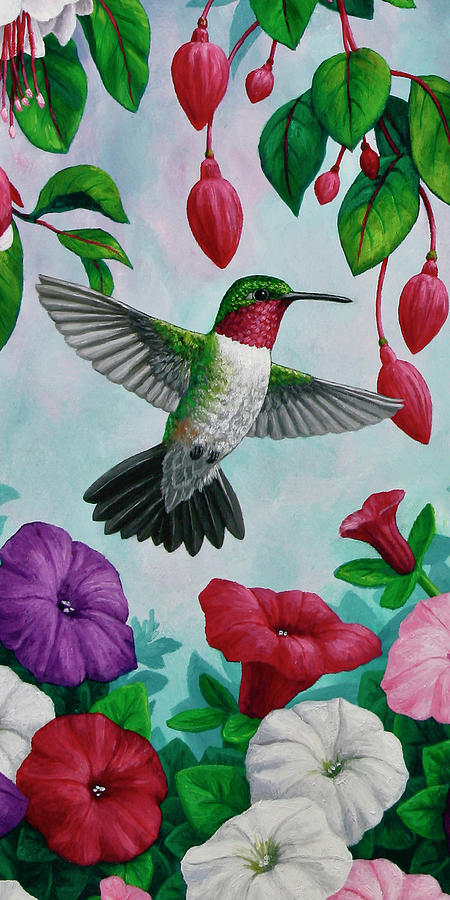 Hummingbird Flying in Spring Flower Garden 1 Painting by Crista Forest