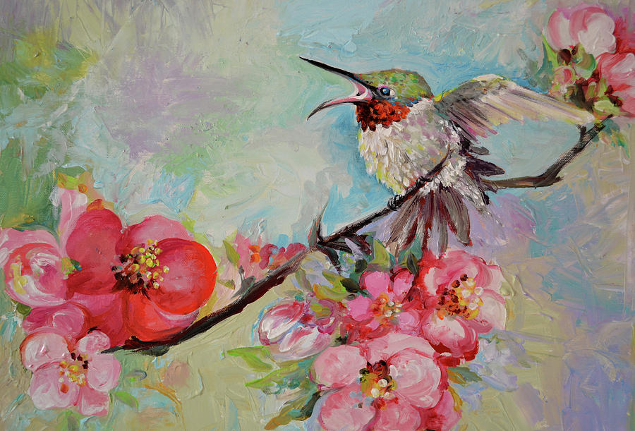Hummingbird On Quince Flowering Branch Painting