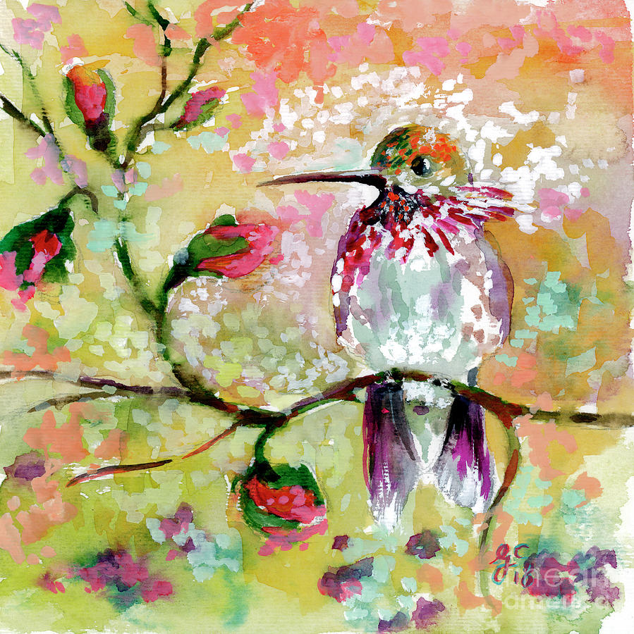Hummingbird Pink Blossoms Painting by Ginette Callaway